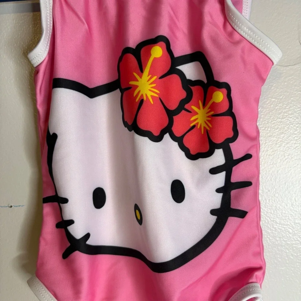 Hello Kitty‎ Sanrio Girls m 7/8 Pink One Piece Swimsuit Hibiscus UPF 50+NEW